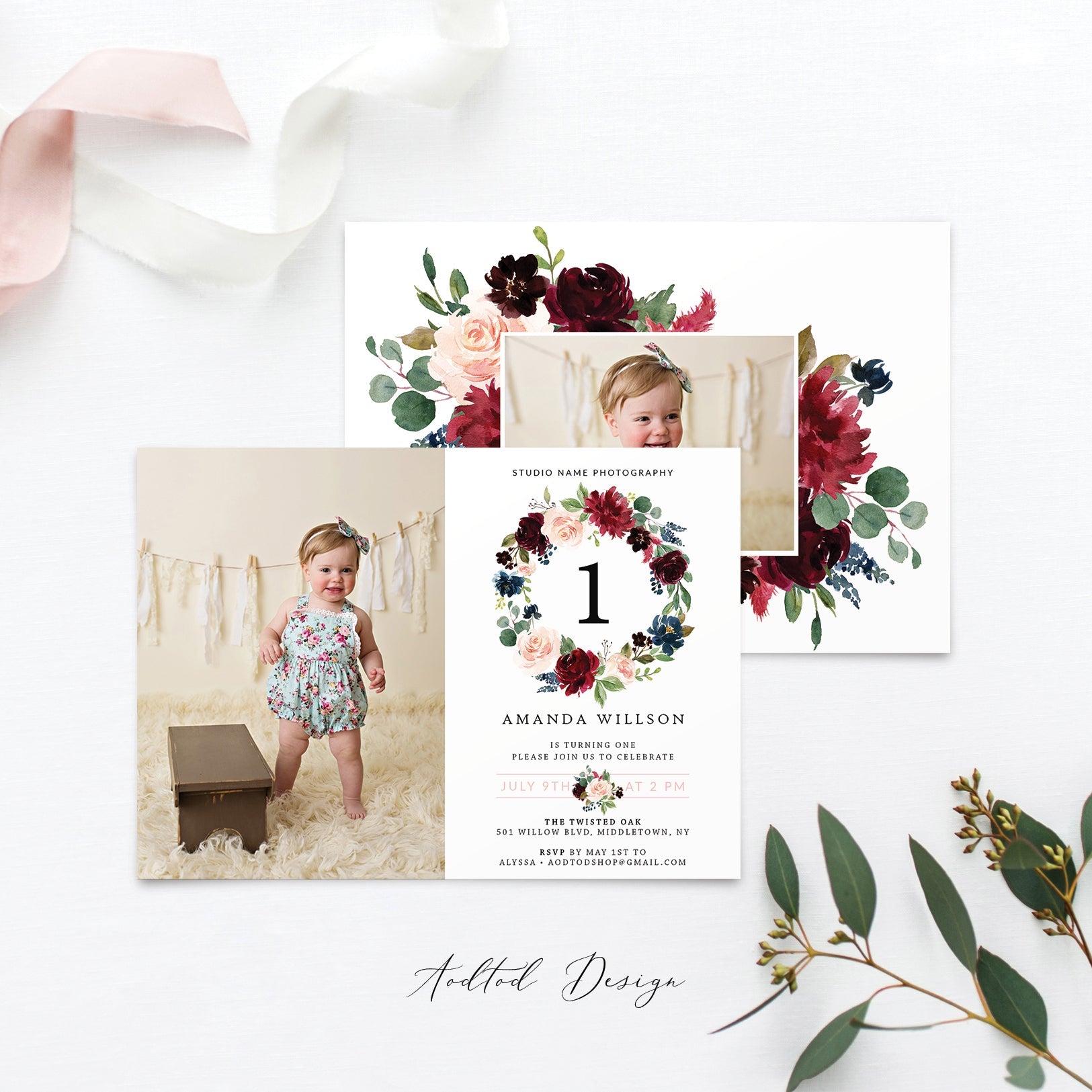 First Birthday Invitation, 1st Birthday Girl, Sweet Welcome, Birthday, Invitation, Photography, Photoshop, PSD, Instant Download #BI2-PSD