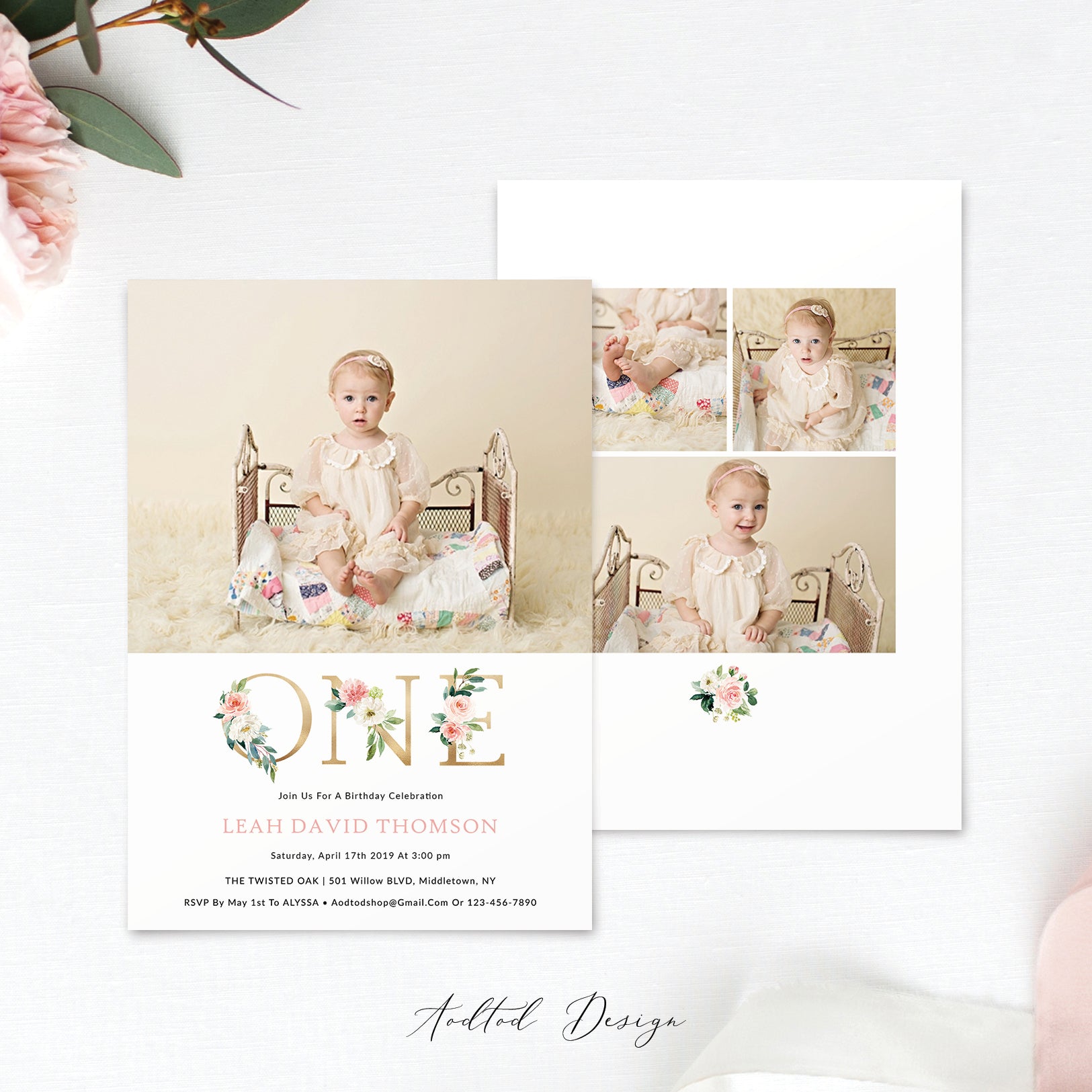 First Birthday Invitation, 1st Birthday Girl, Sweet Welcome, Birthday, Invitation, Photography, Photoshop, PSD, Instant Download #BI4-PSD