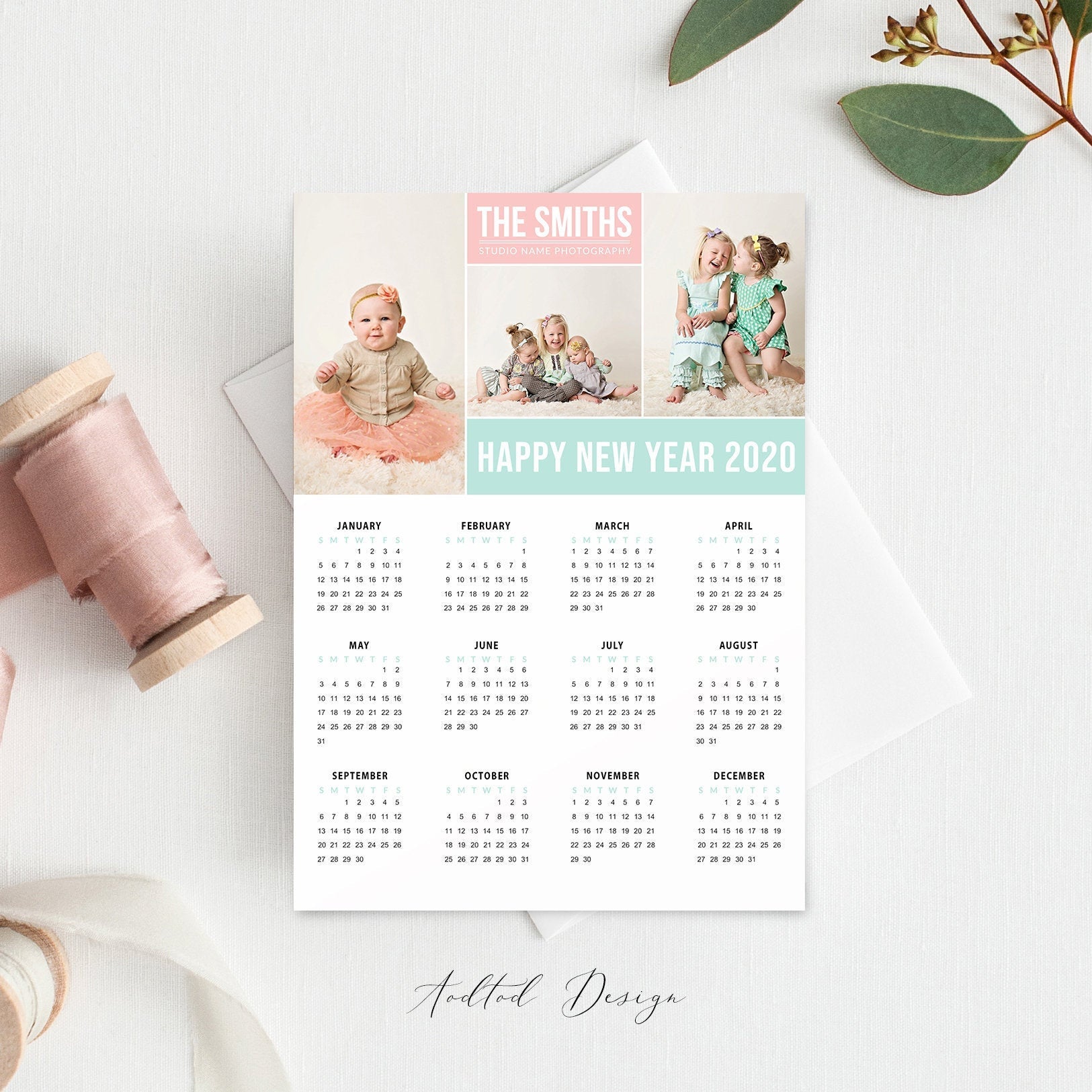5x7 2020 Calendar Template, Sweet Watercolor Flower, New, Calendar, Marketing, Photography, Photoshop, PSD, Instant Download #C10-PSD