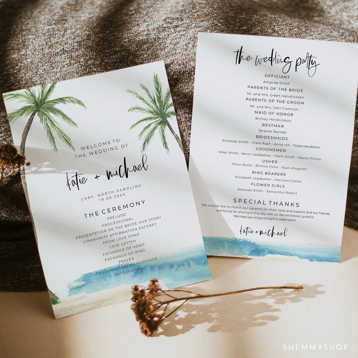 Online Palm Tree Wedding Program Template, Fan or Flat Program Printable, Order of Service, Wedding Program, PDF JPEG PNG #Y22-WF3