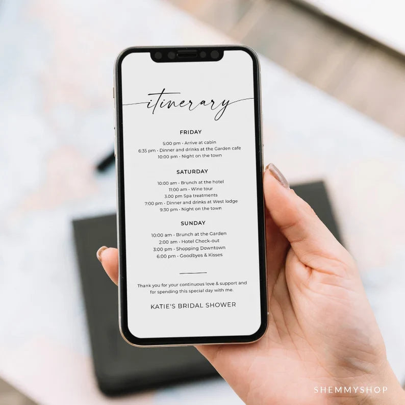 Online Itinerary Electronic Template template, Bachelorette, Electronic Schedule, Family Reunion, Email Itinerary PDF JPEG PNG #Y22-WEI1