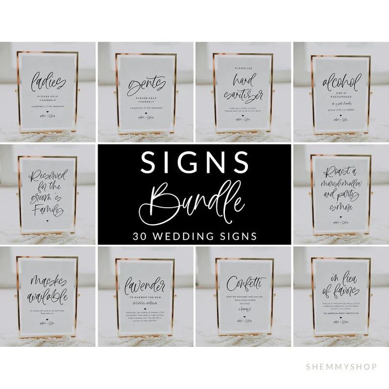Online Wedding Signs Bundle Template, Minimalist Wedding Sign Bundle, Reception Sign Bundle PDF JPEG PNG #Y22-WS31-SET
