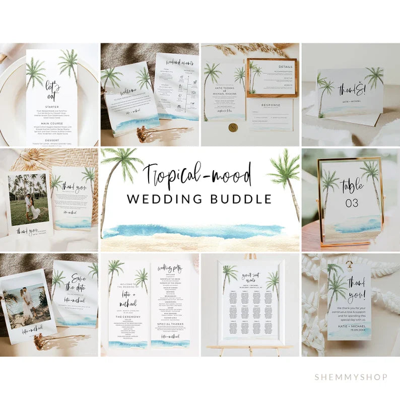 Online Palm Tree Wedding Bundle, Invitation Suite, Wedding Invitation Set, Corjl, PDF JPEG PNG #Y22-WSB1
