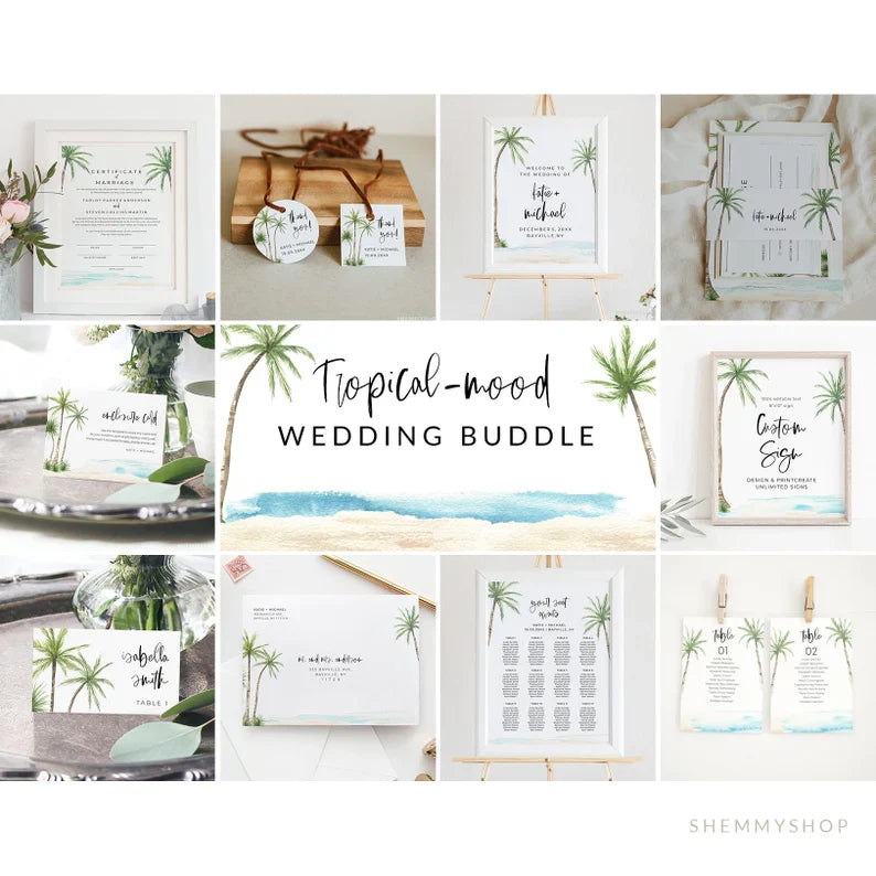 Online Palm Tree Wedding Bundle, Invitation Suite, Wedding Invitation Set, Corjl, PDF JPEG PNG #Y22-WSB1