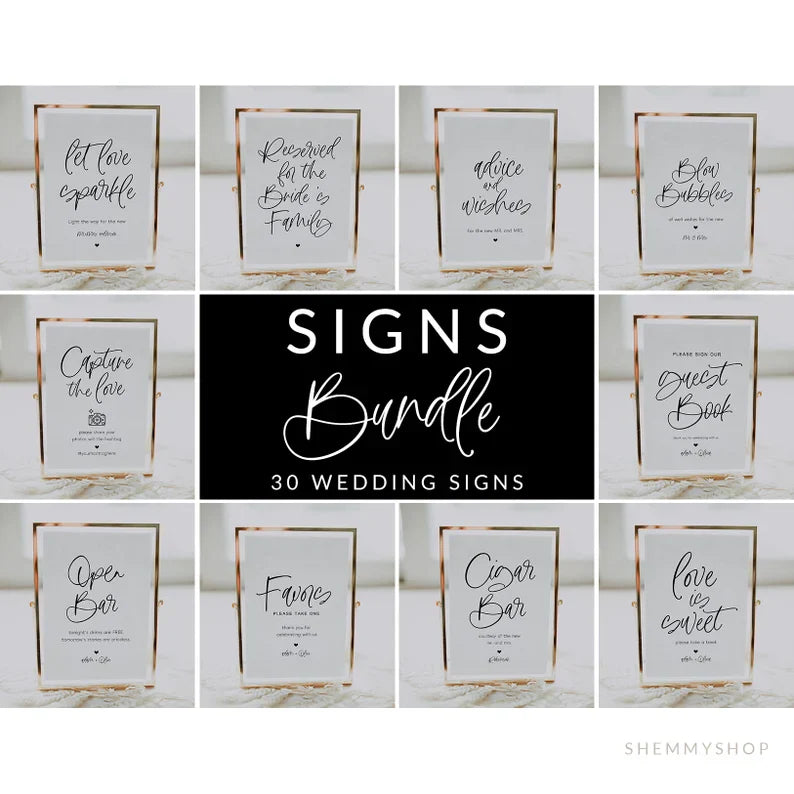 Online Wedding Signs Bundle Template, Minimalist Wedding Sign Bundle, Reception Sign Bundle PDF JPEG PNG #Y22-WS31-SET