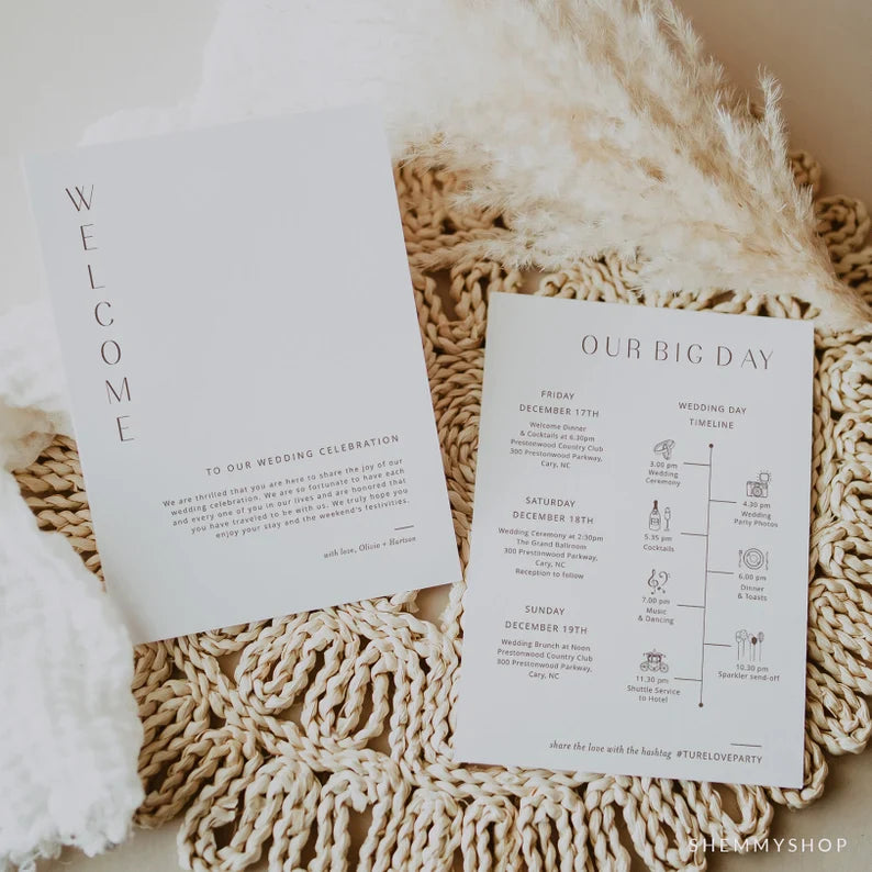 Online Minimalist Welcome Letter & Itinerary Printable Template, Destination Welcome Card, Weekend Events, Welcome Bag, PDF JPG PNG #Y22-WB1