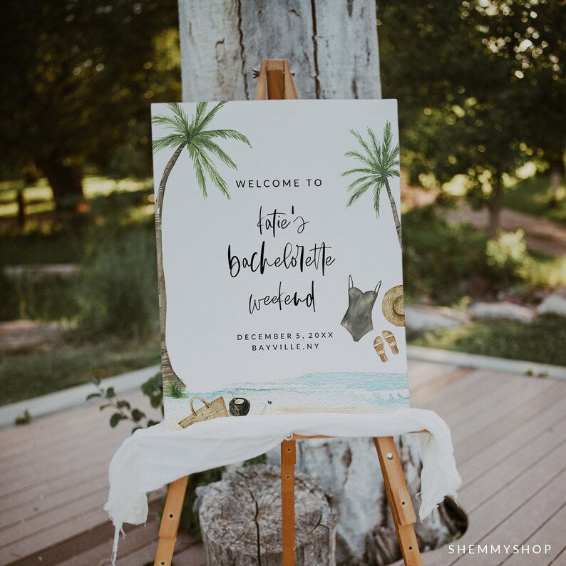 Online Beach Bachelorette Welcome Poster Template, Tropical Bachelorette Party, Welcome Sign Template, Welcome Poster PDF JPEG PNG #Y22-BWC2