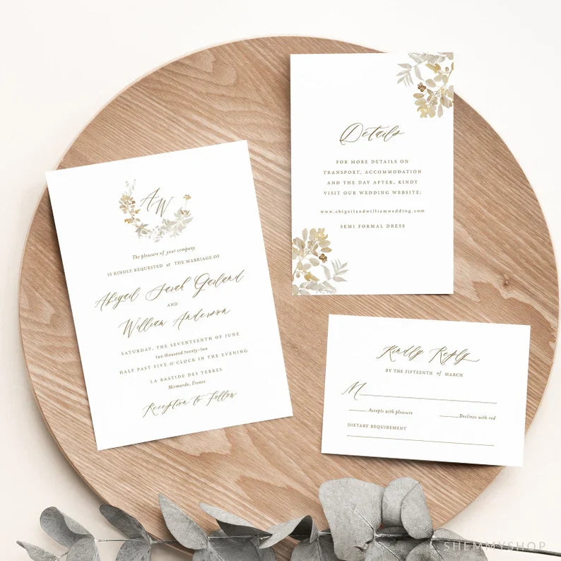 Online Elegant Gold Wedding Invitation Set Template, Classic Wedding Invitation, Wedding Invitation Printable, PDF JPEG PNG Corjl #Y22-WIS2