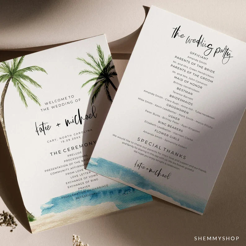 Online Palm Tree Wedding Program Template, Fan or Flat Program Printable, Order of Service, Wedding Program, PDF JPEG PNG #Y22-WF3