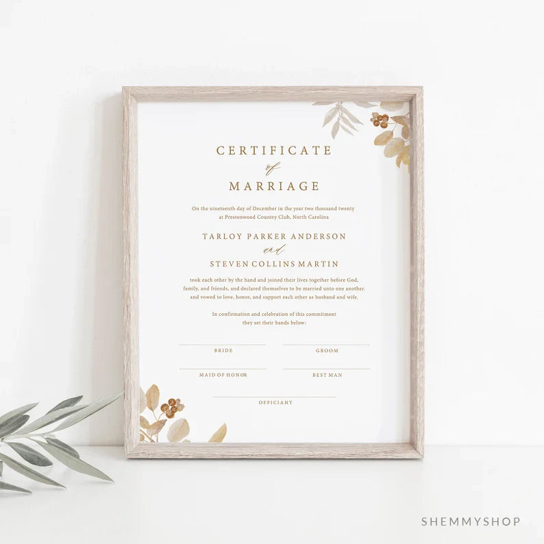 Online Elegant Gold Marriage Certificate Template, Wedding Certificate, Certificate of Marriage, Wedding Keepsake, PDF JPEG PNG #Y22-WS33
