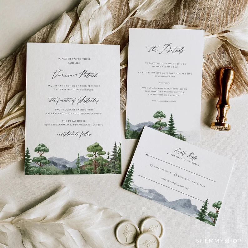 Online Evergreen Forest Wedding Invitation Set Template, Classic Wedding Invitation, Wedding Invitation, PDF JPEG PNG Corjl #Y22-WIS4