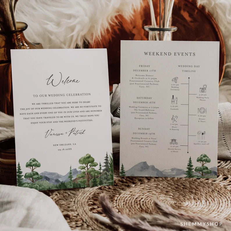 Online Evergreen Forest Welcome Letter & Itinerary Printable Template, Destination Welcome Card, Weekend Events, Welcome Bag, #Y22-WB4