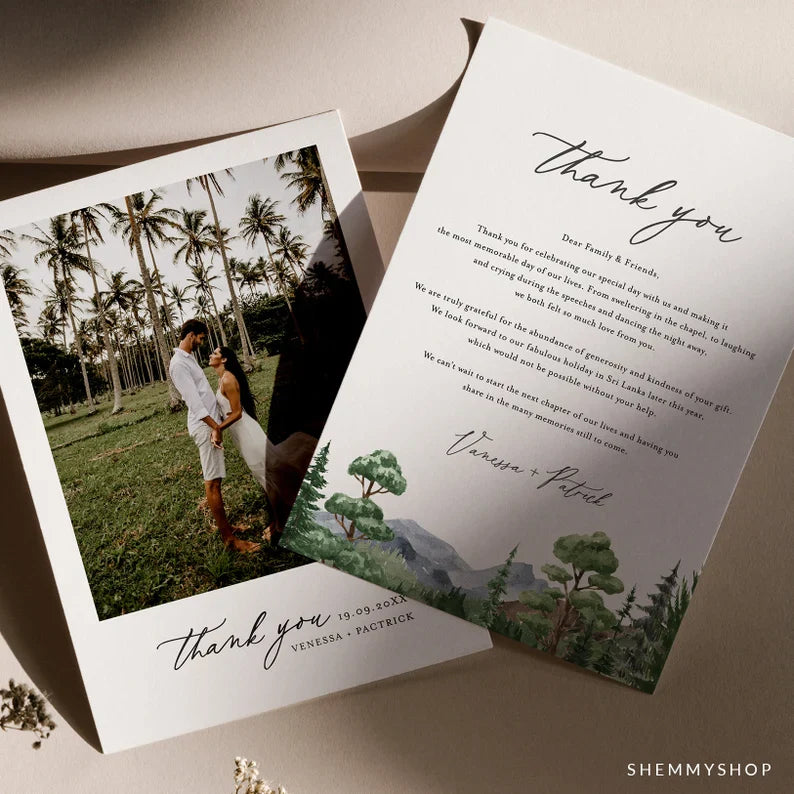 Online Evergreen Forest Wedding Photo Thank You Card Template, Thank You Card, Wedding Thank You, Custom Thank You Card, #Y22-WT4