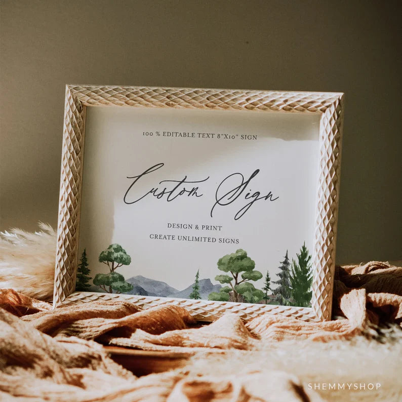 Online Evergreen Forest Custom Sign Template, Wedding Table Top Sign, Bridal Shower Signage, Create Any Sign, Sign, Corjl, #Y22-WS35