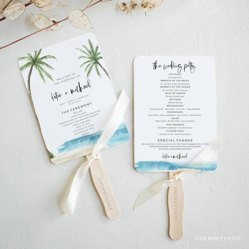 Online Palm Tree Wedding Program Template, Fan or Flat Program Printable, Order of Service, Wedding Program, PDF JPEG PNG #Y22-WF3