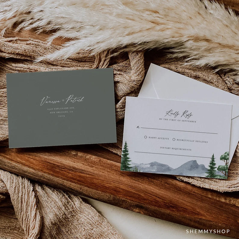 Online Evergreen Forest Wedding Invitation Set Template, Classic Wedding Invitation, Wedding Invitation, PDF JPEG PNG Corjl #Y22-WIS4
