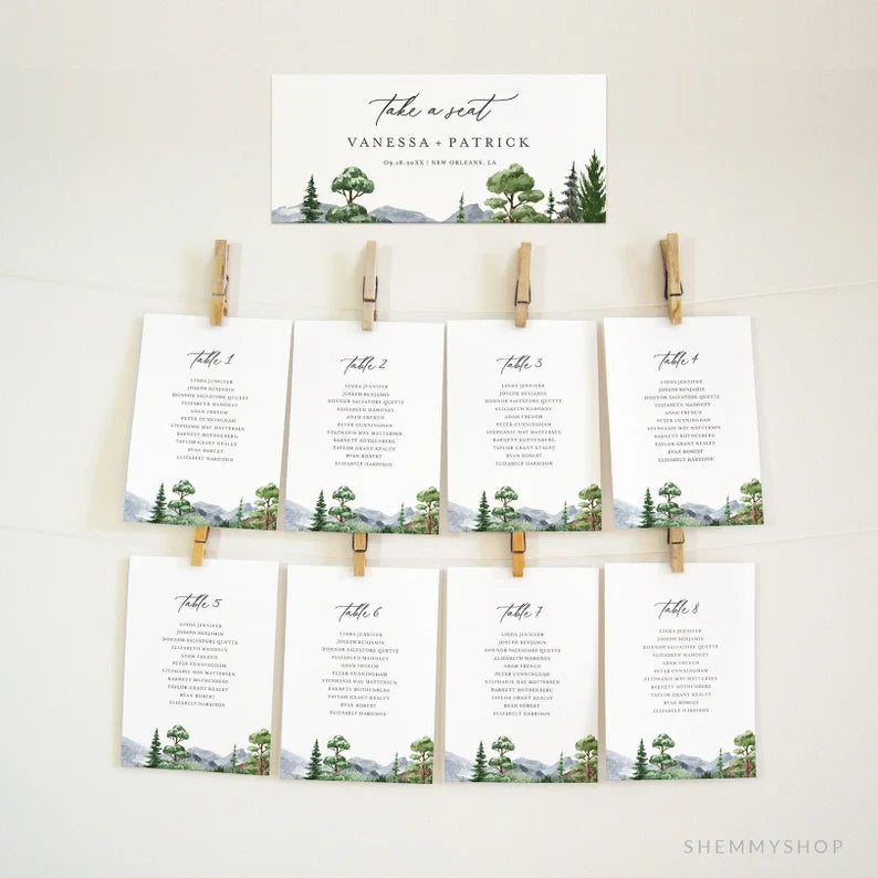 Online Evergreen Forest Wedding Seating Chart, Seating Plan Template, Wedding Seating Cards, Seating Cards, Corjl, PDF JPEG PNG #Y22-SC6