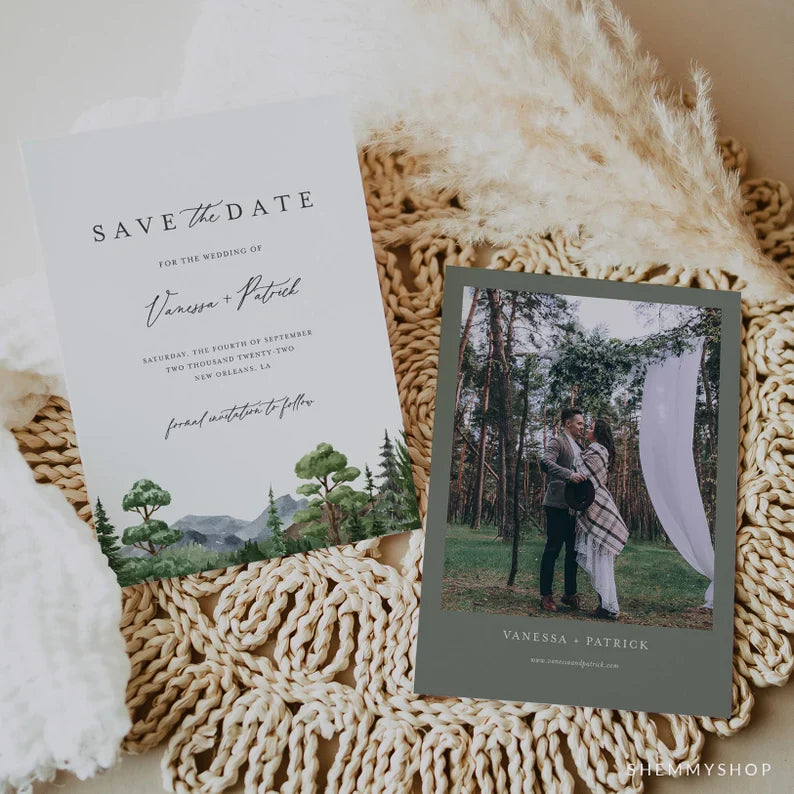 Online Evergreen Forest Save the Date Invitation Template, Photo Save The Date Invitation, Save Our Date Printable, PDF JPEG PNG #Y22-SD4