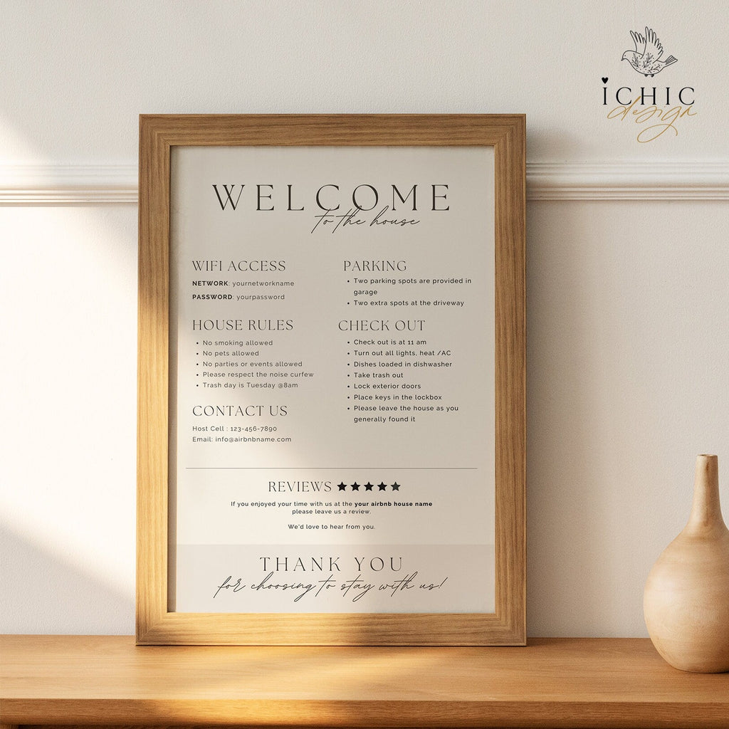 CANVA Airbnb Welcome Sign Template, Airbnb Rental Check Out Instruction Sign, Rental Welcome Sign, #Y23-AWS2-CANVA