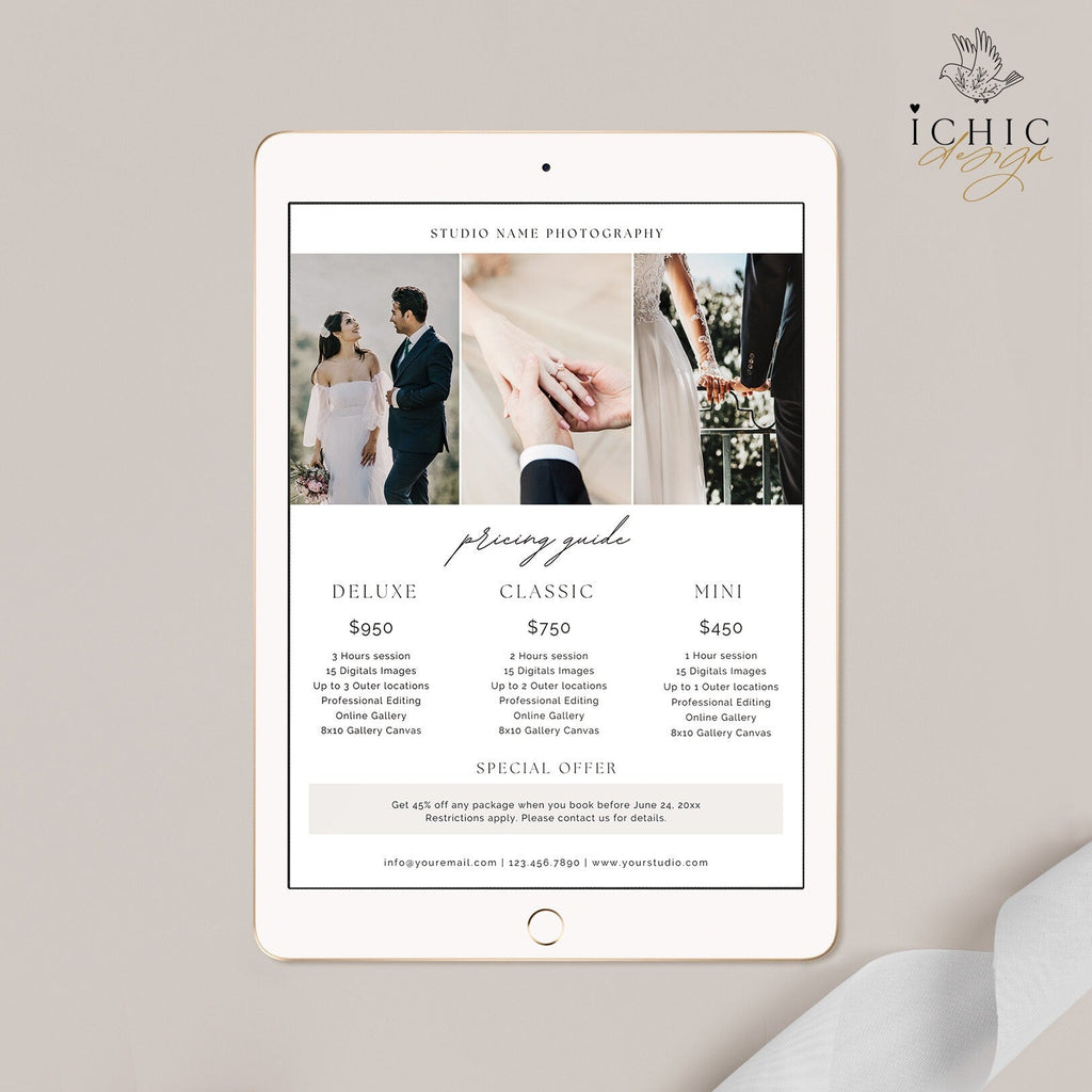 CANVA Photography Pricing Template, Price Guide List for Photographers, Photography, Price Guide Template, Wedding Minis #Y23-PG4-CANVA