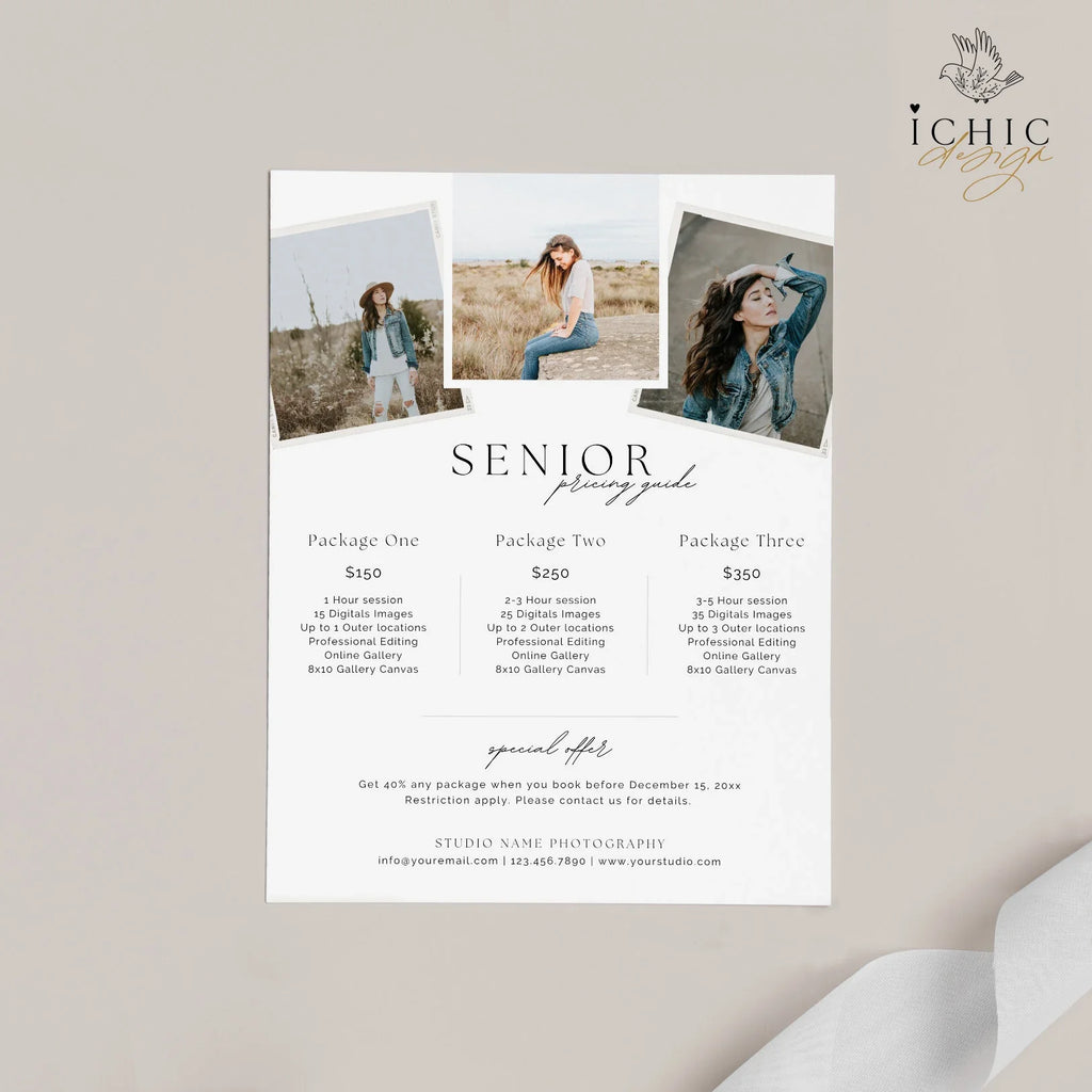CANVA Senior Photography Pricing Template, Price Guide List for Photographers, Photography, Price Guide Template, Senior Minis #Y23-PG6-CANVA
