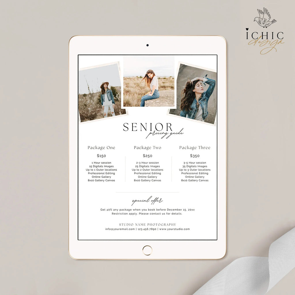 CANVA Senior Photography Pricing Template, Price Guide List for Photographers, Photography, Price Guide Template, Senior Minis #Y23-PG6-CANVA