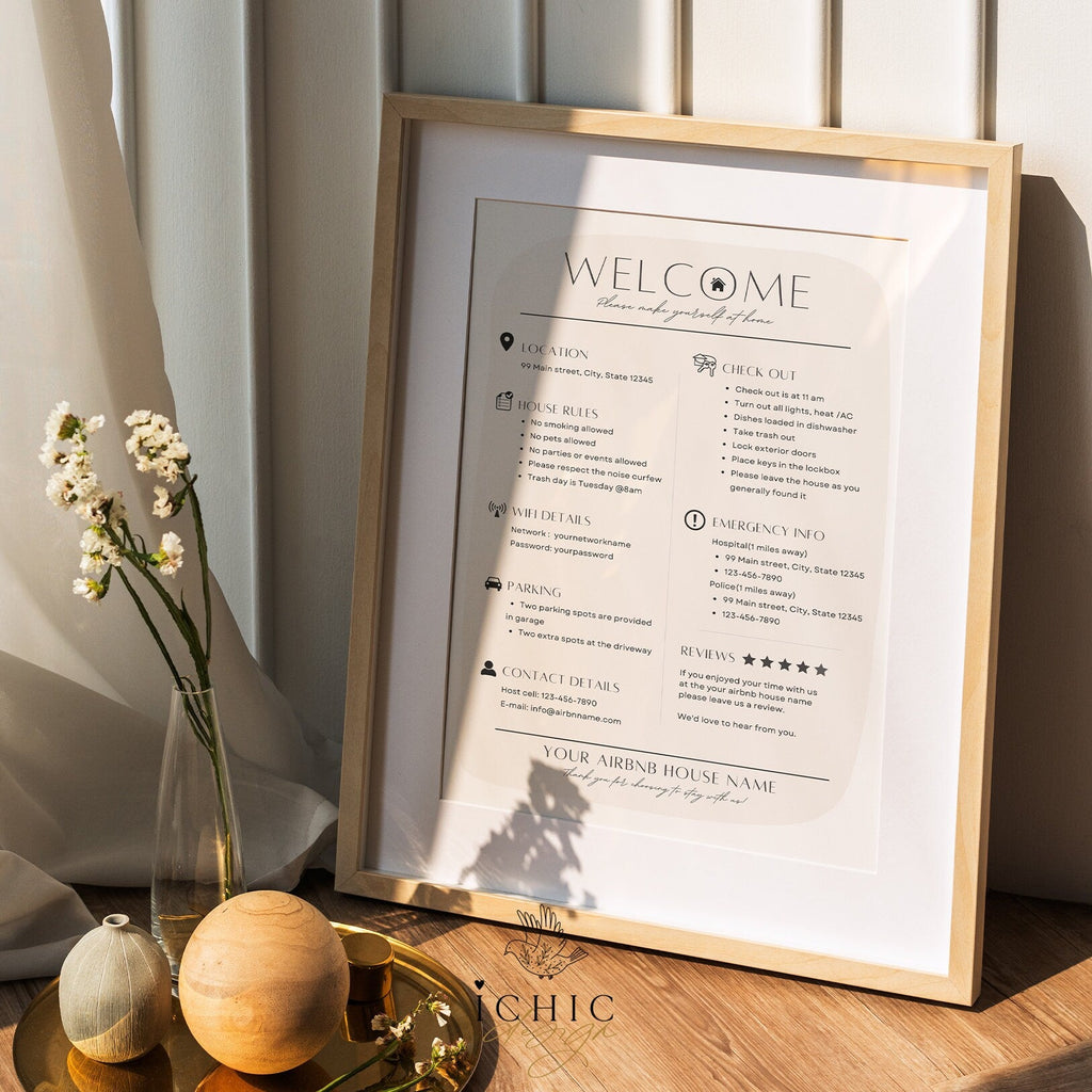 CANVA Airbnb Welcome Sign Template, Airbnb Rental Check Out Instruction Sign, Rental Welcome Sign, #Y23-AWS1-CANVA