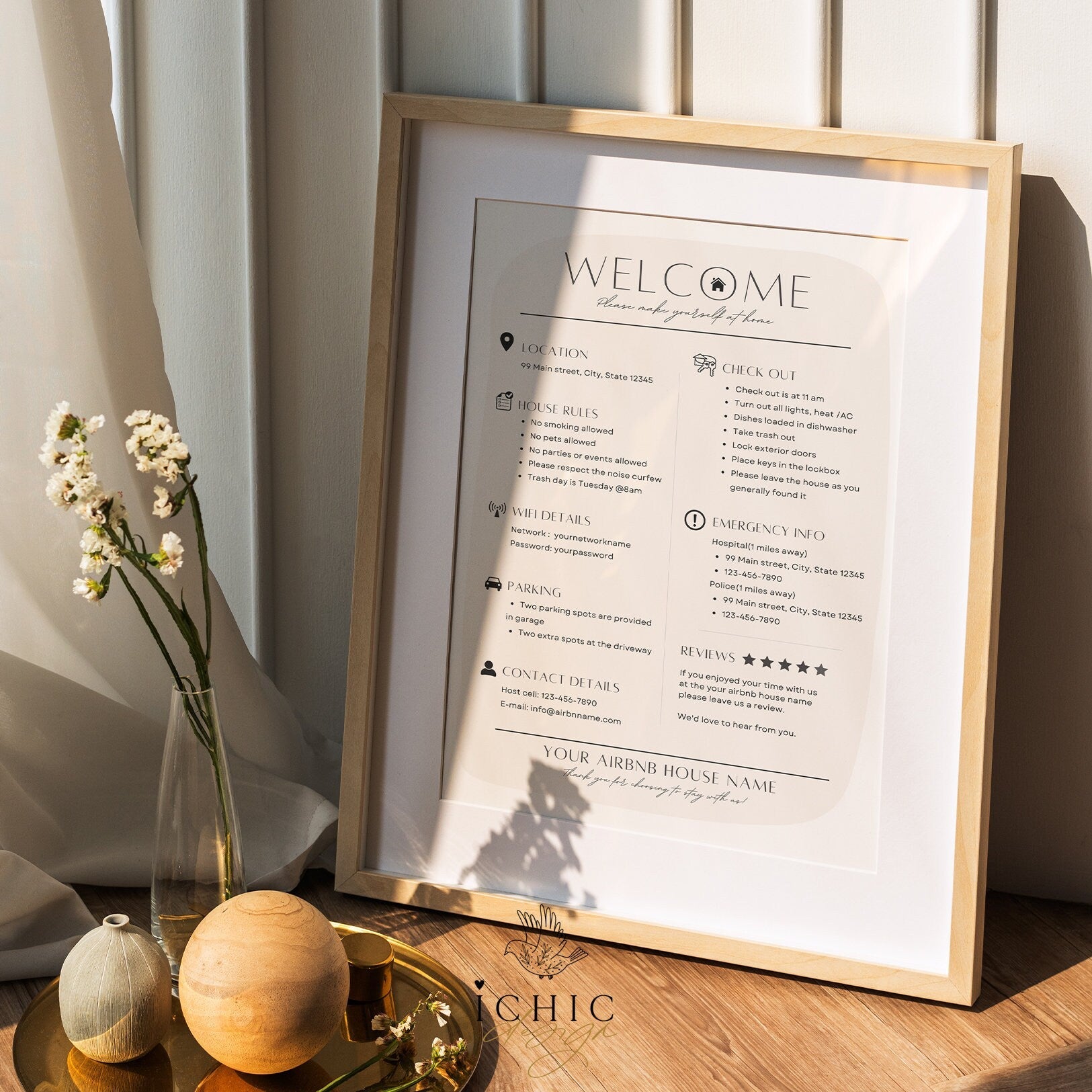 CANVA Airbnb Welcome Sign Template, Airbnb Rental Check Out Instruction Sign, Rental Welcome Sign, #Y23-AWS1-CANVA