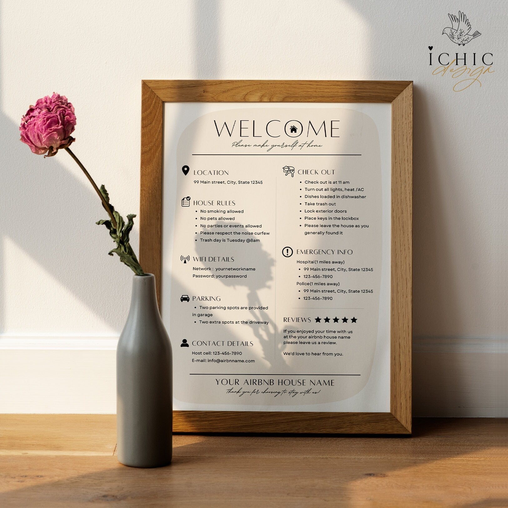 CANVA Airbnb Welcome Sign Template, Airbnb Rental Check Out Instruction Sign, Rental Welcome Sign, #Y23-AWS1-CANVA