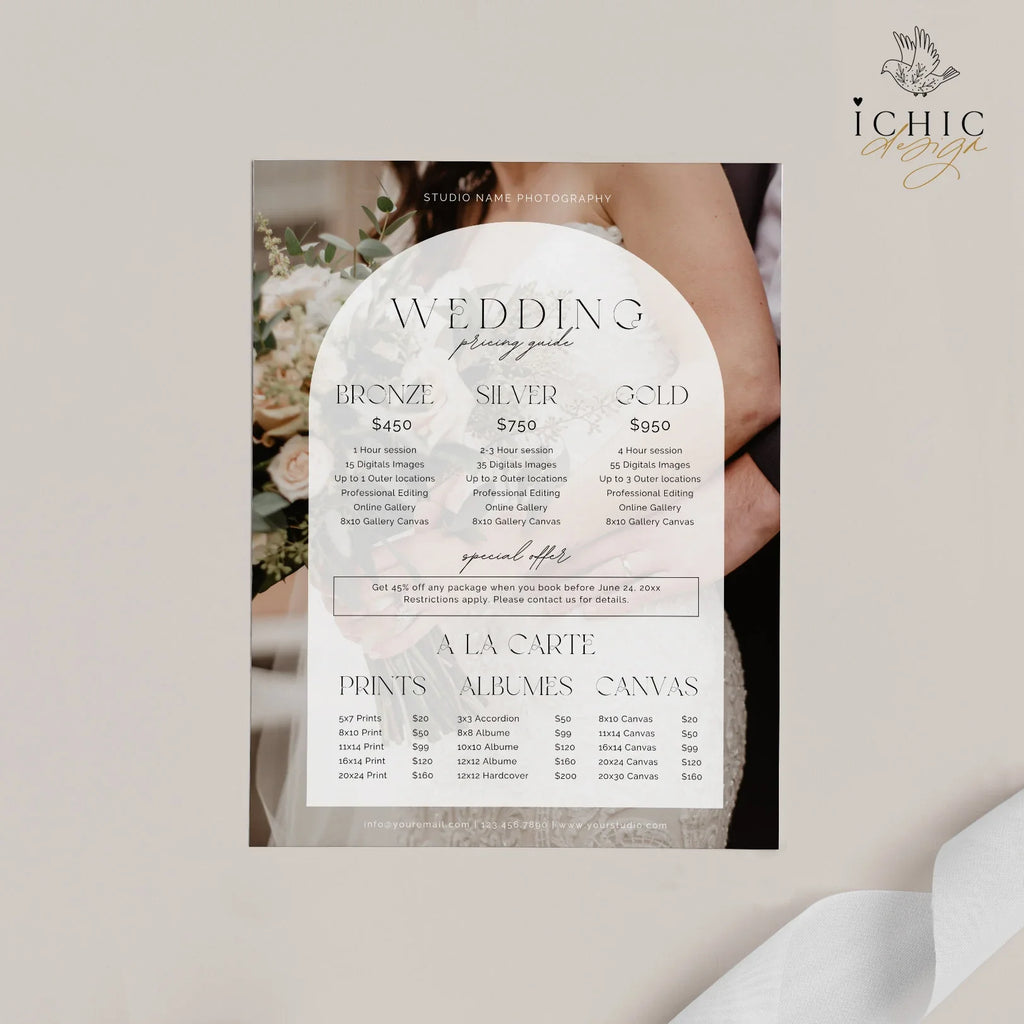 CANVA Wedding Photography Pricing Template, Price Guide List for Photographers, Price Guide Template, Wedding Minis #Y23-PG12-CANVA